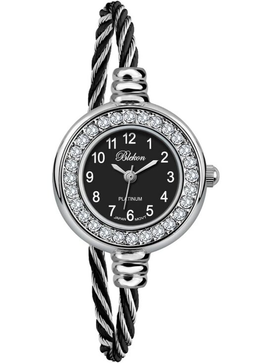 Women Silver And Black Analog Cable Cuff Arabic Number Rhinestone Bracelet Watch main image 7